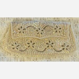 50’s Vintage Cream Irredentist Beaded Silk Clutch